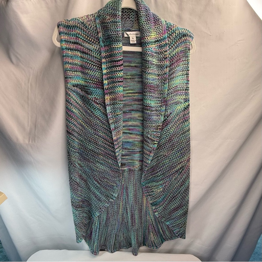 John Paul Richards Multicolor Aqua-Purple Open-Front Knit Vest EUC